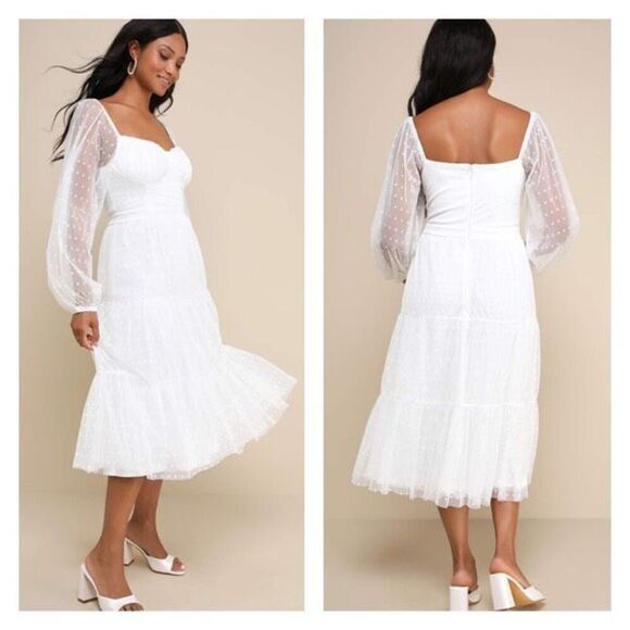 Lulus Affectionate Aura White Swiss Dot Tiered Bustier Midi Dress Medium - Picture 1 of 16